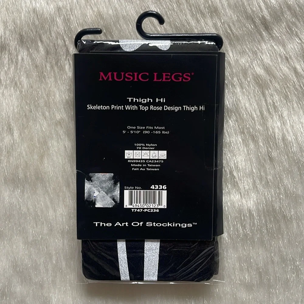 Music Legs Black & White Skeleton Rose Print Thigh High Nylon Sheer Stockings